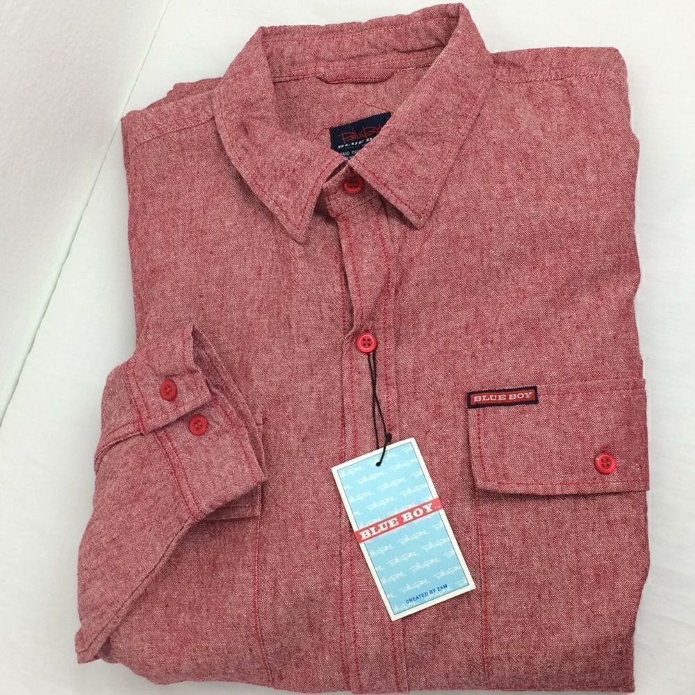 Blue Boy Red Denim Thick Long Sleeve Button Down Shirt NEW